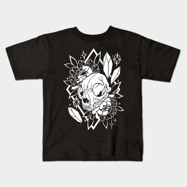 Cat skull, crystals, and peonies in white Kids T-Shirt by theartofamberramirez